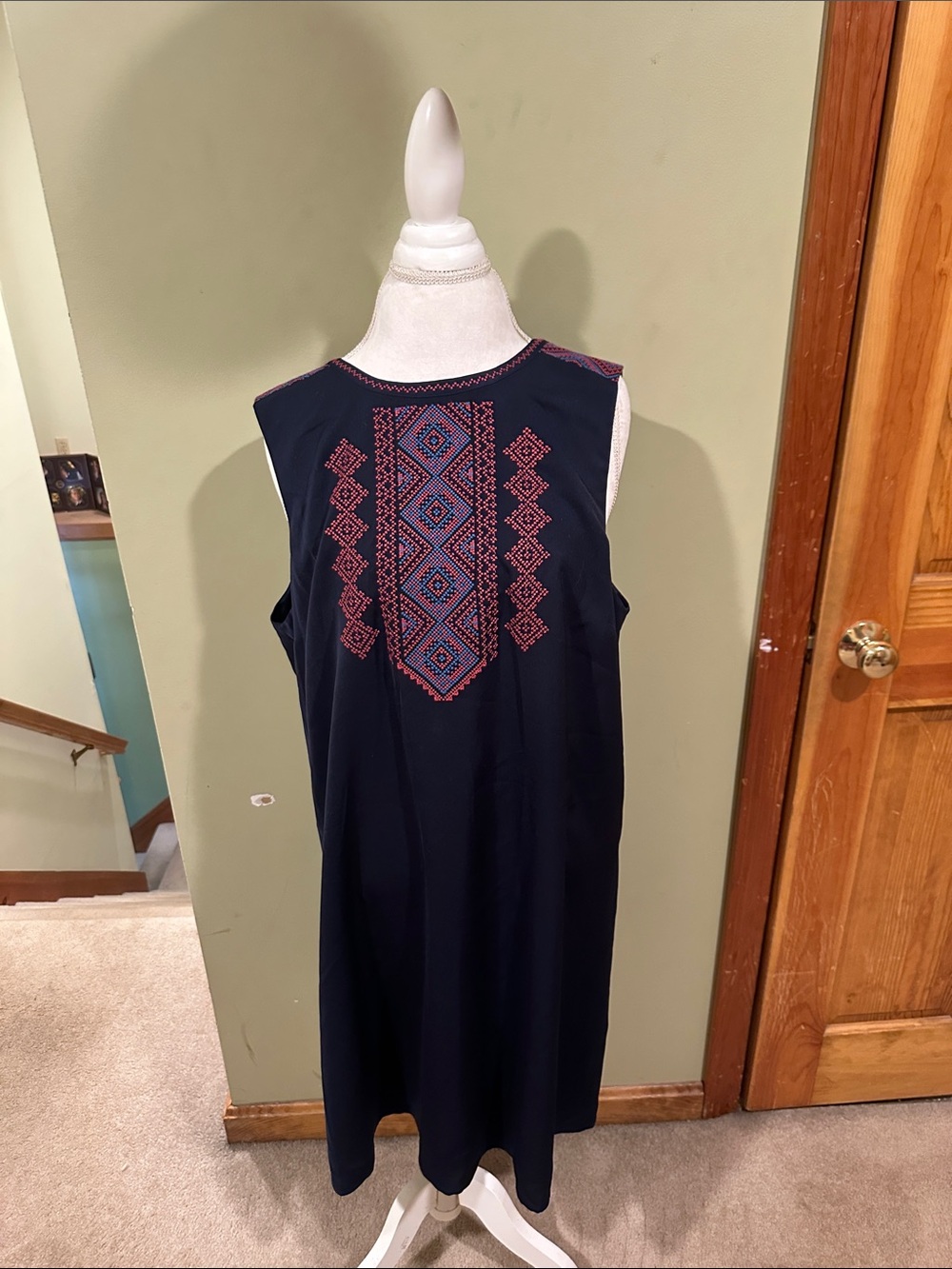 J Crew Navy Sleeveless Dress with Pink Embroidered Front